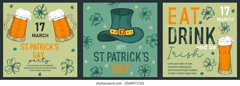 Set of trendy templates for Happy St Patrick's day with clovers, leprechaun hat, beer mugs. Great for invitation, greeting cards, flyers, banners and posters. Vector illustration