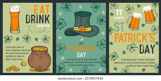 Set of trendy templates for Happy St Patrick's day with clovers, leprechaun hat, beer mugs. Great for invitation, greeting cards, flyers, banners and posters. Vector illustration	