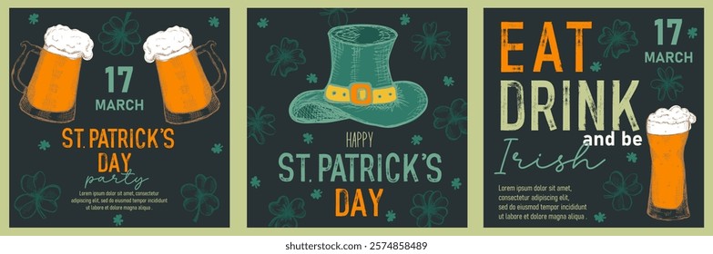 Set of trendy templates for Happy St Patrick's day with clovers, leprechaun hat, beer mugs. Great for invitation, greeting cards, flyers, banners and posters. Vector illustration