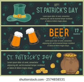 Set of trendy templates for Happy St Patrick's day with clovers, leprechaun hat, beer mugs. Great for invitation, greeting cards, flyers, banners and posters. Vector illustration