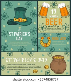 Set of trendy templates for Happy St Patrick's day with clovers, leprechaun hat, beer mugs. Great for invitation, greeting cards, flyers, banners and posters. Vector illustration