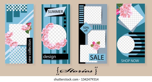 Set of trendy templates for Instagram stories. Vector background for social networks. Elegant design with cute pink flowers.