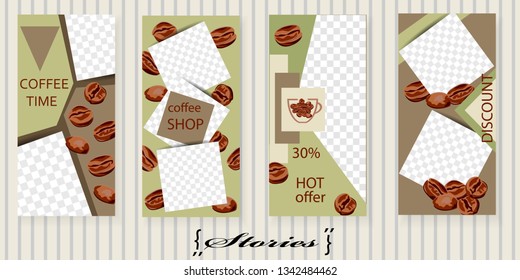 Set of trendy templates for Instagram stories. Vector background for social networks. Elegant design with coffee beans.