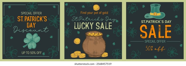 Set of trendy templates for St Patrick's day sale. Great for advertising, banners, leaflets and flyers. Vector illustration