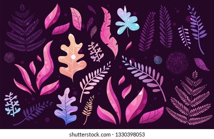 Set of trendy textured flat vector icons with violet and pink vibrant bright gradient plants, leaves, flowers, branches. Floral and botanical abstract modern collection of icons for design