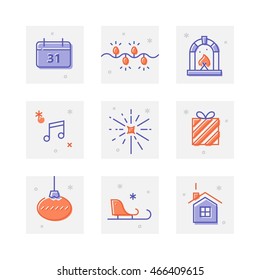 Set of trendy thick line icons of new year celebration. Greeting icon collection for web design, mobile app, graphic design