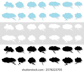 Set of Trendy think bubbles in flat style. Cloud fill art in different colours with shadow. Vector illustration isolated on Grey and white background.
