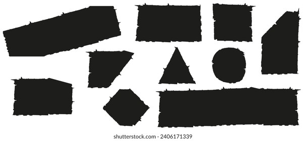 Set trendy Torn paper sheets with sharp edges isolated transparent background. Black Ripped papper pieces collection on white. Vector illustration can used postcard and banner design.