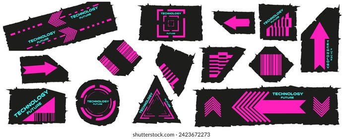 Ajuste las hojas de papel Torn a la moda con bordes afilados y elementos Ciberelementos Neon Geometry aislados de fondo blanco. Colección de piezas de papel de protección negra. La ilustración de vectores puede utilizarse para el diseño de postales y banners 