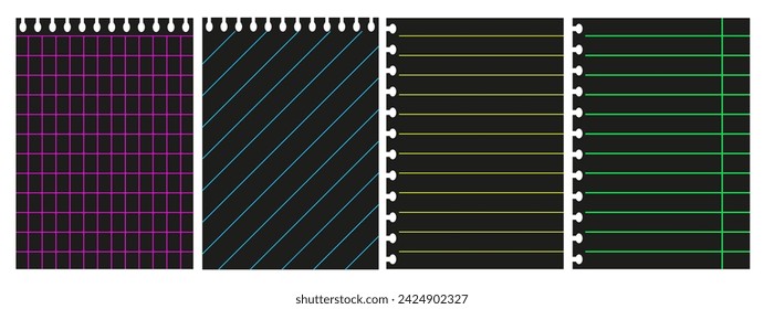 Set trendy Torn paper sheets in modern Cyberpunk style. Notebook pages with blank copy space isolated white background. Template Cyber paper. Vector illustration. EPS 10 Editable stroke
