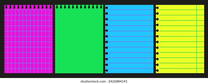 Set trendy Torn paper sheets in modern Cyberpunk style. Neon Notebook pages with blank copy space isolated black background. Template colorful Cyber paper. Vector illustration. EPS 10 Editable stroke