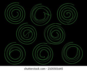 Set of trendy traceable transparent neon spirals on black background. Vector. Separate change of elements. Ability to change to any size without loss of quality.