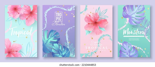 Set of trendy tropical backgrounds with jungle flowers and plants. Vector design template for social media