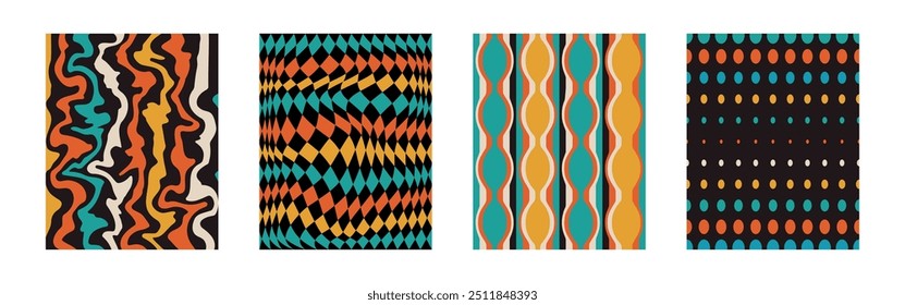 Definir planos de fundo de giros na moda. Coleção hippie design. Estilo Y2k. Groovy redemoinho. Padrão estético psicodélico retrô. Desenhar linhas geométricas. Ondas. Elementos espirais. Forma. Ladrilho líquido. Papel liso