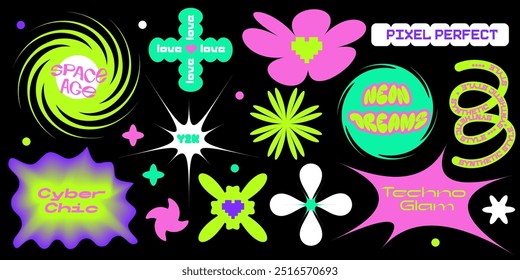 Conjunto de pegatinas tipográficas de moda y Elementos. Formas gráficas de neobrutalismo para promoción online, publicaciones en redes sociales, diseño de UI UX. Elementos de Vector Y2K modernos