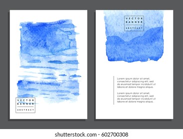 Conjunto de banners universales de moda o carteles de arte con fondo abstracto de acuarela hecha a mano. Diseño de vectores en azul para banner, portada, volante, folleto, papel pintado, tarjeta de felicitación y invitación