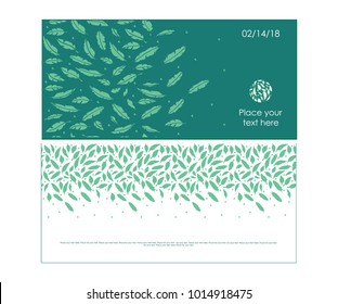 Set of trendy universal cards featuring feathers with green and white backgrounds