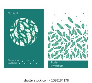 Set of trendy universal cards featuring feathers with green and white backgrounds