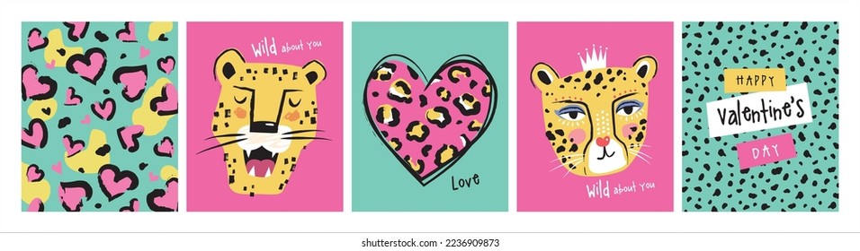 Set of trendy Valentine's Day card, cover, poster and background design with leopard and leopard's pattern texture.