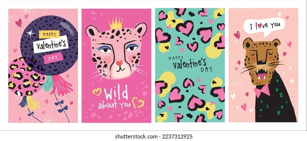 Set of trendy Valentine's Day card, cover, poster and background design with leopard and leopard's pattern texture.