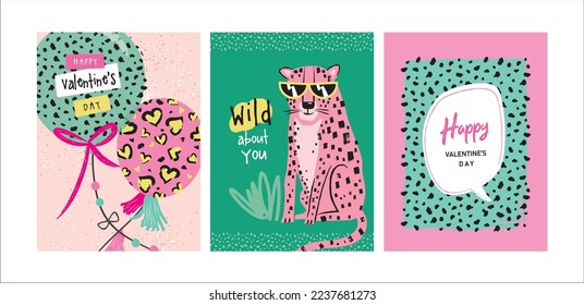 Set von modischer Valentinstag-Karte, Cover, Poster und Hintergrund-Design mit Leopard und Leoparden Muster Textur.