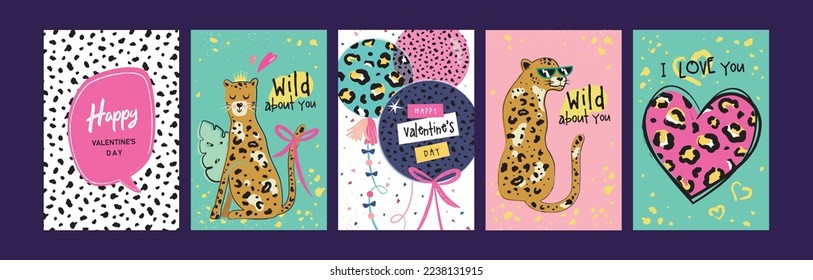 Set of trendy Valentine's Day card, cover, poster and background design with leopards and leopard's pattern texture.