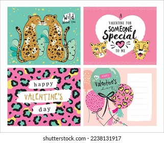 Set of trendy Valentine's Day card, cover, poster and background design with leopards and leopard's pattern texture.