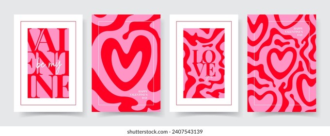 Set of trendy Valentine's Day posters. Concept of modern typographic design with hearts, abstract liquid or marble pattern. Posters for party banner, flyer, celebration, ad, branding, cover, sale.