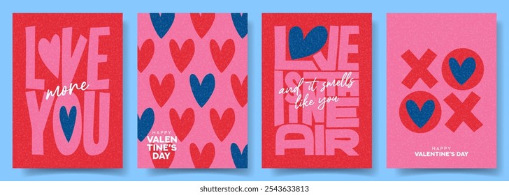 Set of trendy Valentine's Day posters. Concept of modern typographic design with abstract pattern. Vector posters for party banner, flyer, celebration, ads, branding, cover, sale.