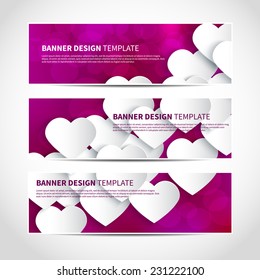 Set of trendy Valentine's Day vector banners template or website headers with 3d paper hearts on purple background with bokeh lights. Vector design illustration EPS10