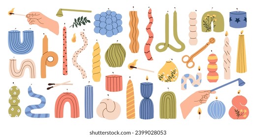 Varias velas a la moda. Modernas velas de burbujas de higos perfumadas y acogedoras para la decoración interior de casa, mano de mujer con partido, bufanda de velas. Formas, tamaños diferentes. Ilustración vectorial en estilo plano