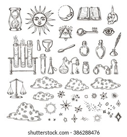 Set of trendy vector alchemy symbols collection isolated on white background. Hand drawn retro elements for design needs. Religion, philosophy, occultism, magic. Vintage vector illustrations.