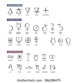 Set of trendy vector alchemy symbols collection isolated on white background. Hand drawn retro elements for design needs. Religion, philosophy, occultism, magic. Vintage vector illustrations.