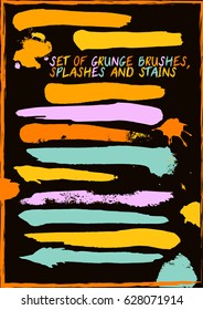 Set of trendy vector brush strokes or backgrounds in summer colours. Hand painted ink brush strokes, brushes, and lines. Dirty grunge artistic design elements. Text backgrounds.