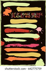 Set of trendy vector brush strokes or backgrounds in red, orange, pink, and yellow colours. Hand painted ink brush strokes, brushes, and lines. Dirty grunge artistic design elements. Text backgrounds.