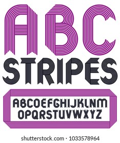Set of trendy vector capital alphabet letters, abc isolated. Geometric bold type font, script from a to z can be used for logo creation. Made with stripy decoration.
