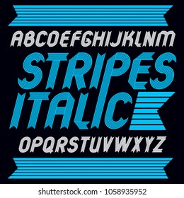 Set of trendy vector capital alphabet letters isolated. Geometric italic bold type font, script from a to z can be used for logo creation, newspaper. Created using stripy ornate, parallel lines.