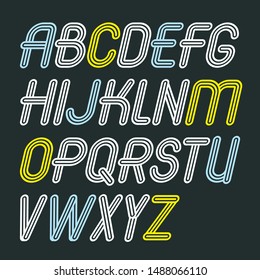 Set of trendy vector capital alphabet letters isolated. Retro italic type font, script from a to z can be used for logo creation. Made with triple stripy decoration.