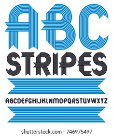 Set of trendy vector capital alphabet letters isolated. Geometric bold type font, script from a to z can be used for logo creation, newspaper. Created using stripy ornate, parallel lines.