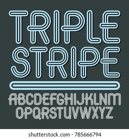 Set of trendy vector capital alphabet letters isolated. Retro type font, script from a to z can be used for logo creation. Made with geometric parallel triple lines.