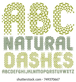 Set of trendy vector capital English alphabet letters, abc isolated. Rounded bold retro font, typescript for use in logo design. Made using rhythmic strokes and dashed lines.