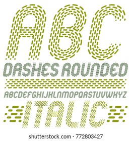 Set of trendy vector capital English alphabet letters, abc isolated. Rounded bold italic retro type font, script from a to z can be used for logo creation. Made using rhythmic strokes and dashed lines