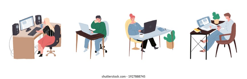 Set of trendy vector cartoon flat freelancer characters working at home office computer desk.Young people man,woman distance work on laptops-online freelance work,virus infection,quarantine concept