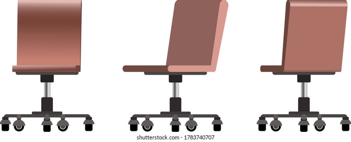 Set of trendy vector flat 3d office modern computer chairs with pastel brown color shades. Front, side and back chairs view, for office briefing decoration and props