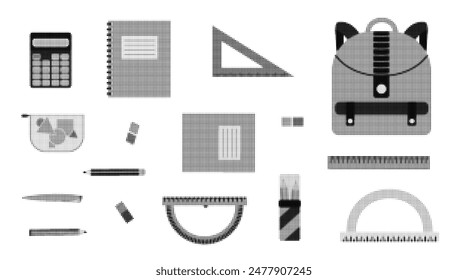 Set of trendy vector halftone textured school equipment. Contrast educational elements with black half tone texture for study banner, stickers, student web design, cover