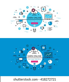 Set of trendy vector illustration concepts of earning on line. Line flat design hero banners for websites and apps with call to action button, ready to use