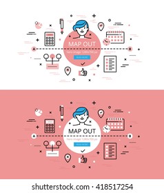 Set of trendy vector illustration concepts of planing. Line flat design hero banners for websites and apps with call to action button, ready to use