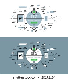 Set of trendy vector illustration concepts of search engine optimisation. Line flat design hero banners for websites and apps with call to action button, ready to use