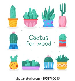 Set of trendy, vector, indoor plants in pots for home. Cacti isolated on white background. Bright flat illustrations. Printing, fabric. textiles, interior