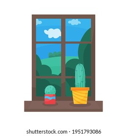 Conjunto de plantas de moda, vectoriales, interiores en macetas para la casa en la ventana de Cacti aislado en fondo blanco. Ilustraciones planas y luminosas. Impresión, tela. textiles, interior